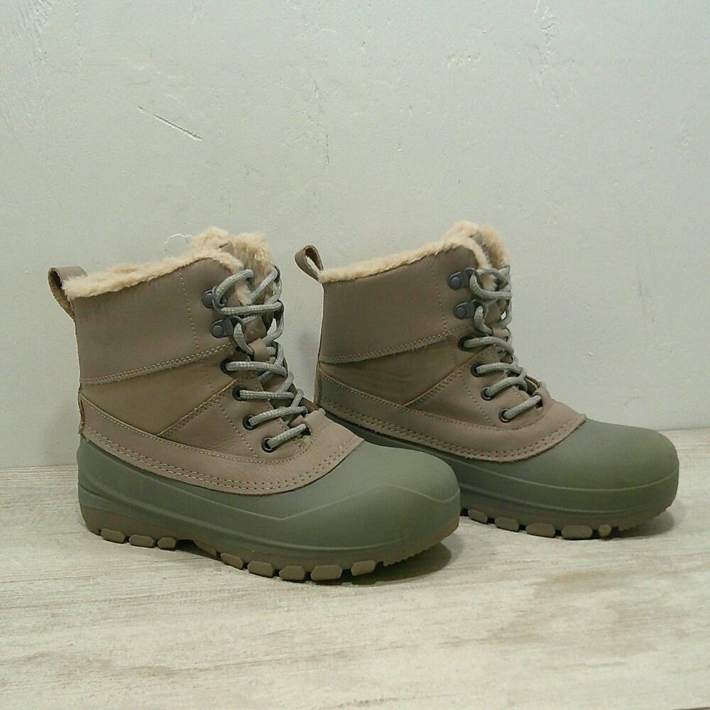 all in motion Leather Lace up Faux Fur lined Tan & Gray Snow Boots Size 4